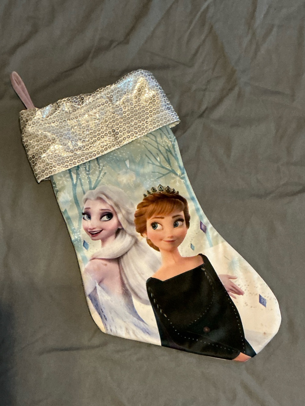 Disney Frozen Elsa & Anna Holiday Stocking with Silver Sequin Cuff